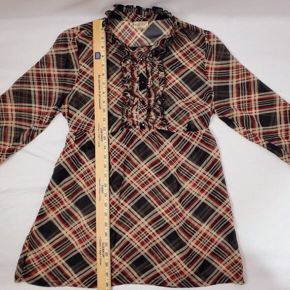 Daytrip By The Buckle BKE Womens Top L Plaid Ruffle Tie Sheer Poly Shirt Size - Picture 2 of 8